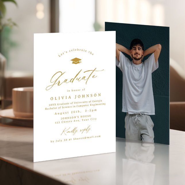 Gold Modern Calligraphy Simple Photo Graduation Invitation (Gold Modern Calligraphy Simple Photo Graduation Invitation)