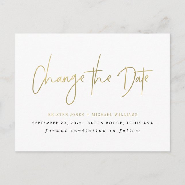 Gold Modern Change the Date Announcement Postcard (Front)