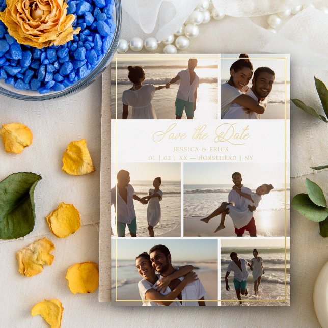 Gold Modern Chic Collage 6 Photos Couple Wedding Foil Invitation (Creator Uploaded)
