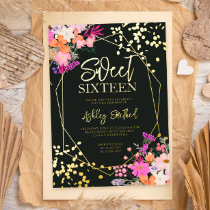 Gold modern chic floral watercolor photo Sweet 16 Foil Invitation