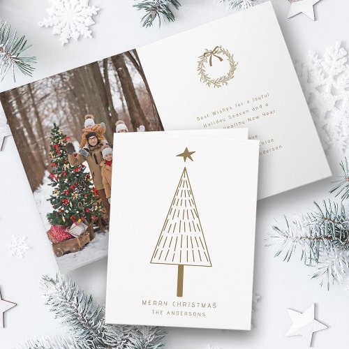 Gold Modern Christmas Pine Tree Photo  Holiday Card