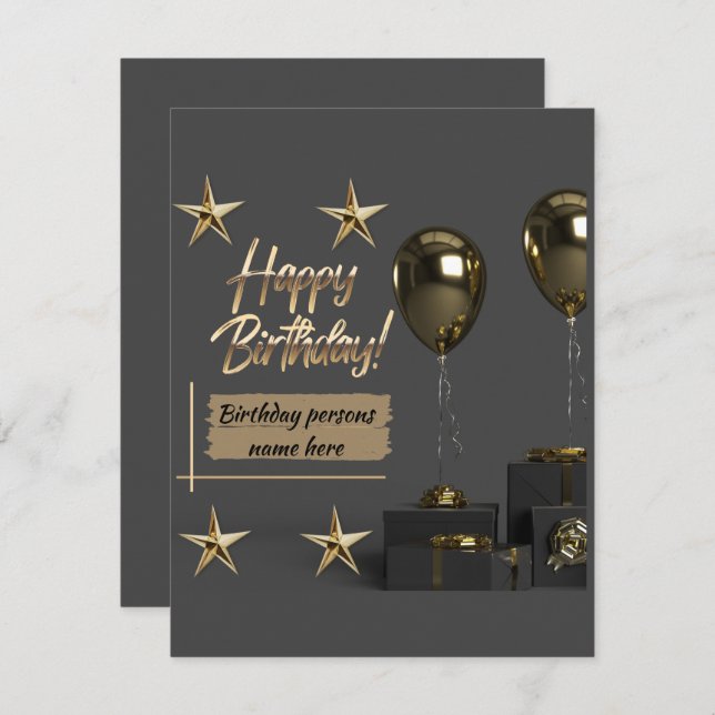 Gold Modern Customizable Happy Birthday Note Card (Front/Back)