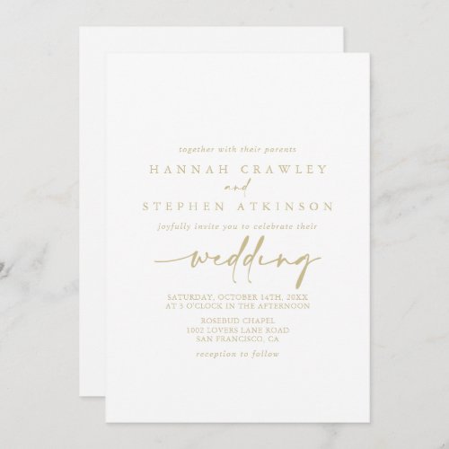 Gold Modern Elegant Front  Back Wedding   Invitation