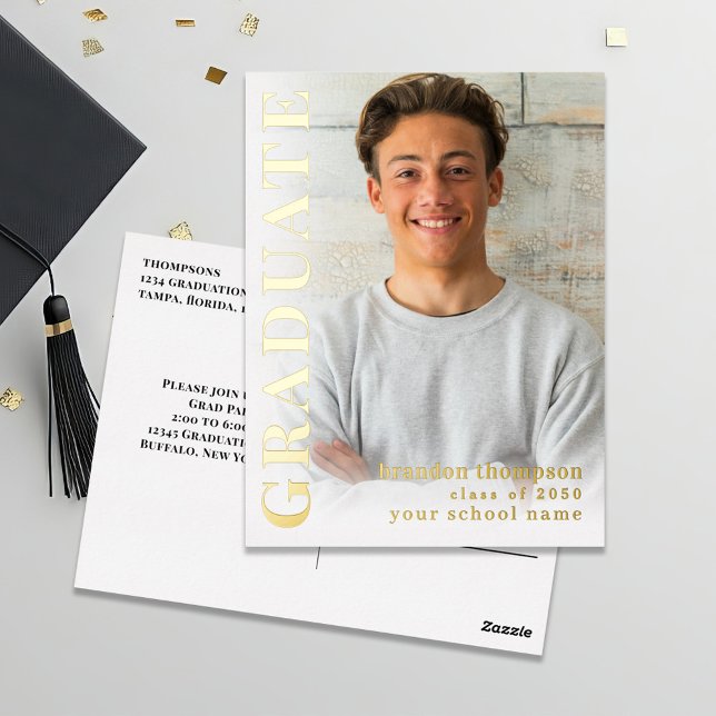 Gold Modern Graduate Photo Invitation Class Of Cel (Gold foil graduation invitation announcement photo postcard. )