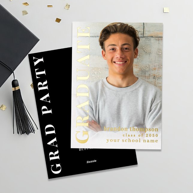 Gold Modern Graduate Photo Invitation Sleek Class  Foil Invitation (Graduate gold foil invitation announcement card. )