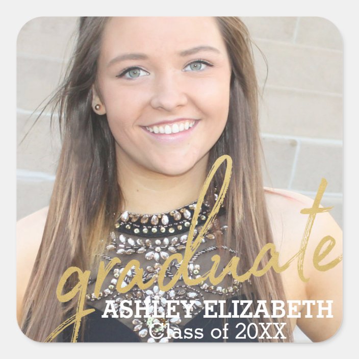Gold Modern Graduate Script Photo Graduation Square Sticker | Zazzle.com