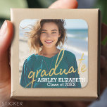 Gold Modern Graduate Script Photo Graduation Square Sticker<br><div class="desc">Add any year to personalize this whimsical design. This can be used for any graduate - high school,  college,  grad school,  med school or even trade school.</div>