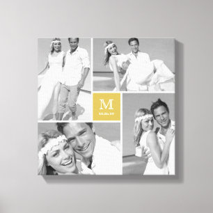 Gold Modern Grid Monogram Wedding 4 Photo Collage Canvas Print