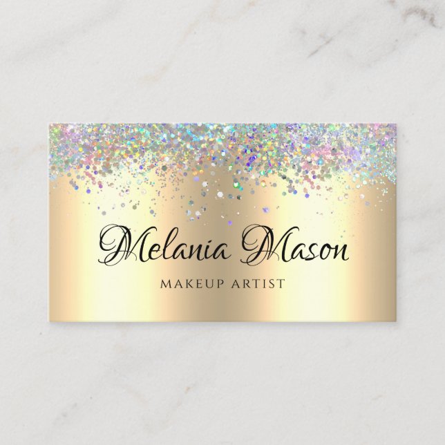 Gold Modern Holographic Glitter Makeup Artist Business Card (Front)