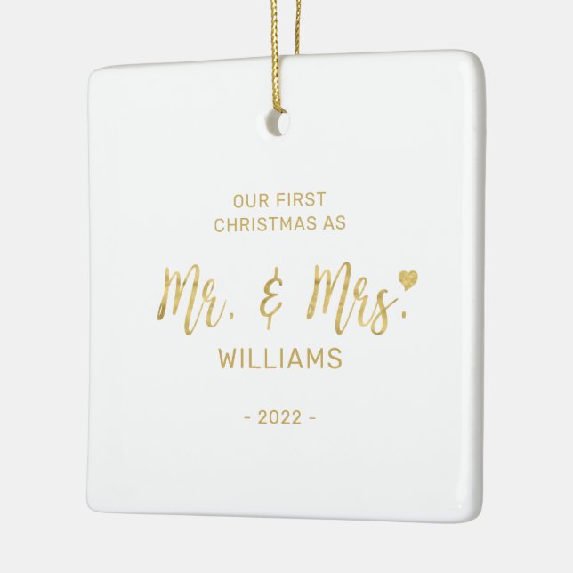 Gold Modern lettering Mr & Mrs First Christmas Ceramic Ornament (Left)