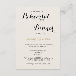 Gold modern lettering rehearsal dinner invitations