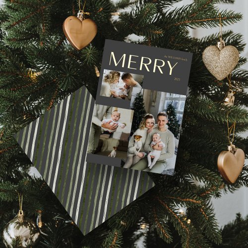 Gold Modern Merry 3 Photo Collage Gray Christmas Foil Holiday Card