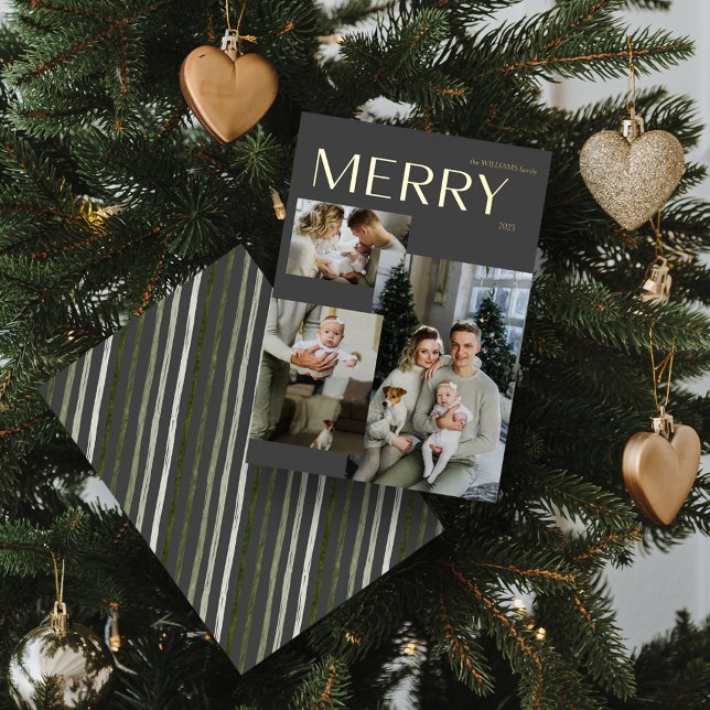 Gold Modern Merry 3 Photo Collage Gray Christmas Foil Holiday Card (Shine Bright! 'MERRY' Gold Foil Holiday Card 🌟🎄 [Add Your Photo])