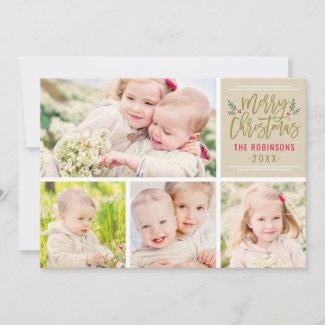 Gold Modern Merry Christmas Script | Photo Collage Holiday Card