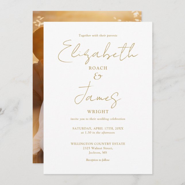 Gold Modern Minimalist Script Photo Wedding Invitation (Front/Back)