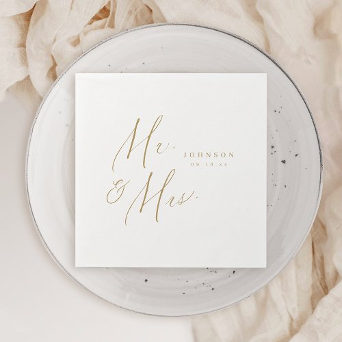 Gold modern Mr and Mrs script minimalist wedding Napkins