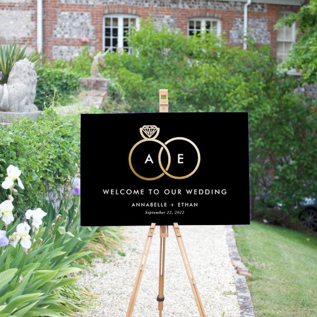 Gold Modern Rings Black Wedding Welcome Sign (Creator Uploaded)