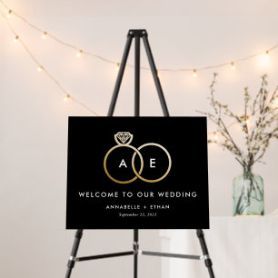 Gold Modern Rings on Black Wedding Welcome Sign