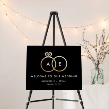 Gold Modern Rings On Black Wedding Welcome Sign by 2BirdStone at Zazzle