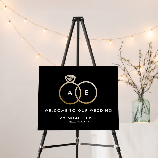 Gold Modern Rings on Black Wedding Welcome Sign (In Situ (Stand))