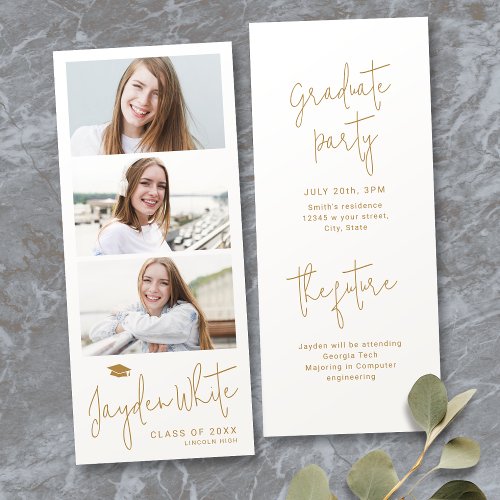 Gold Modern Script 3 Photo Graduation Announcement