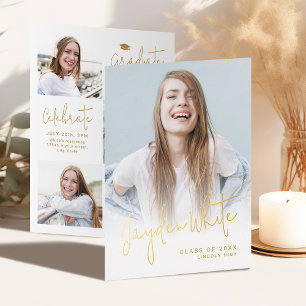 Gold Modern Script 4 Photo Graduation Announcement