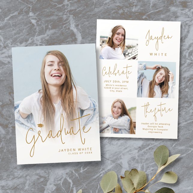 Gold Modern Script 4 Photo Graduation Announcement (Gold Modern Script 4 Photo Graduation Announcement)