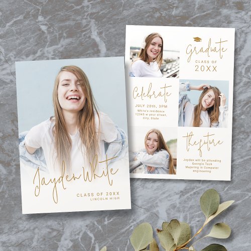 Gold Modern Script 4 Photo Graduation Announcement