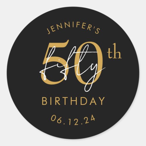 Gold Modern Script 50th Birthday Party Black Classic Round Sticker