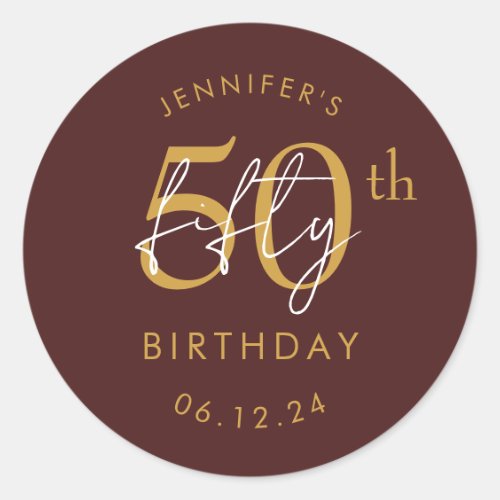 Gold Modern Script 50th Birthday Party Burgundy  Classic Round Sticker