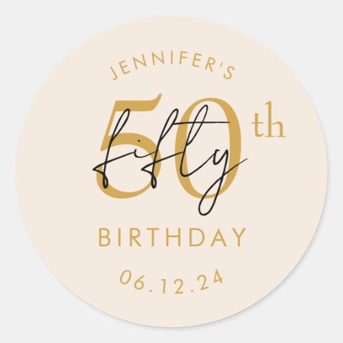 Gold Modern Script 50th Birthday Party Champagne  Classic Round Sticker