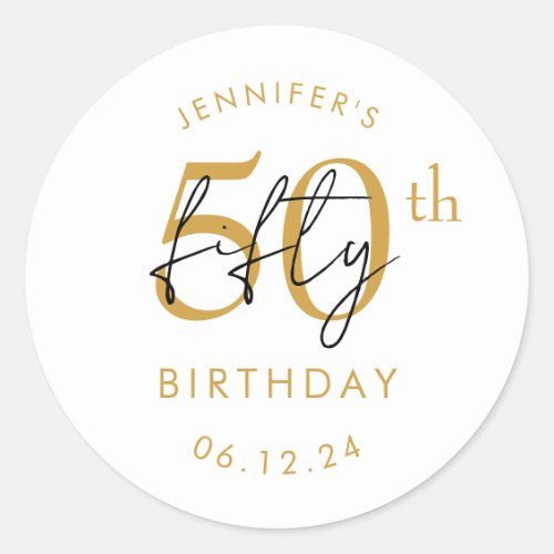 Gold Modern Script 50th Birthday Party  Classic Round Sticker