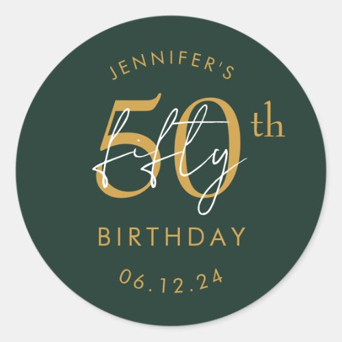 Gold Modern Script 50th Birthday Party Green Classic Round Sticker