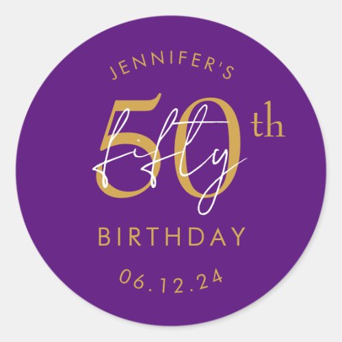 Gold Modern Script 50th Birthday Party Purple  Classic Round Sticker
