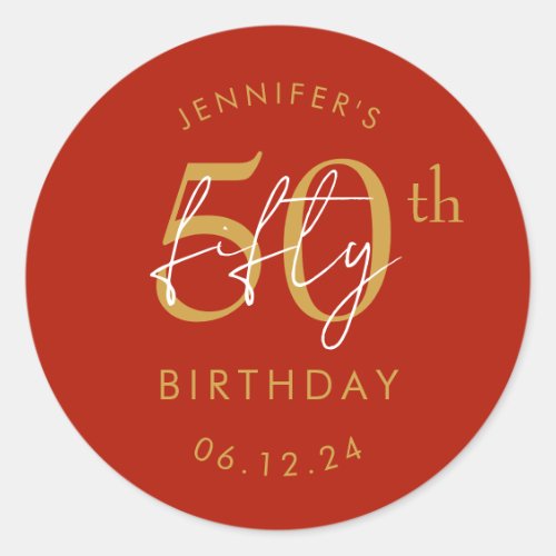 Gold Modern Script 50th Birthday Party Red Classic Round Sticker