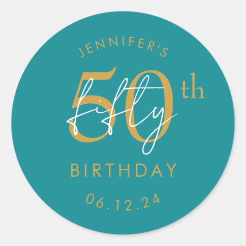 Gold Modern Script 50th Birthday Party Teal  Classic Round Sticker