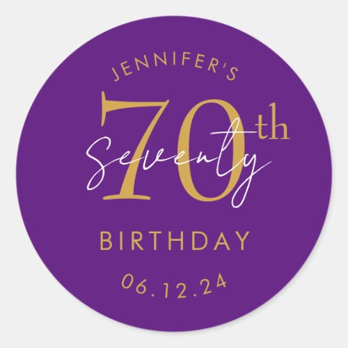 Gold Modern Script 70th Birthday Party Purple Classic Round Sticker