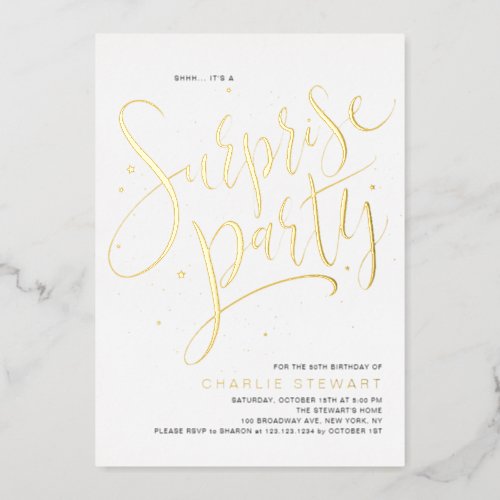 Gold Modern Script Any Age Surprise Birthday Party Foil Invitation