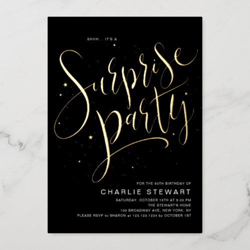 Gold Modern Script Any Age Surprise Birthday Party Foil Invitation