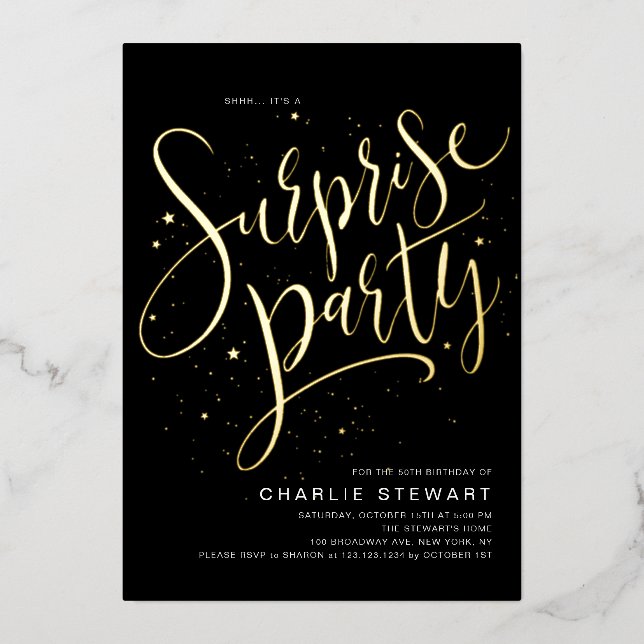 Gold Modern Script Any Age Surprise Birthday Party Foil Invitation (Front)