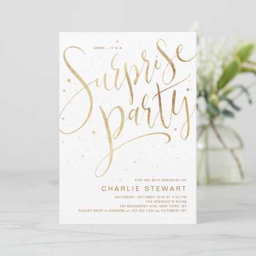 Gold Modern Script Any Age Surprise Birthday Party Invitation