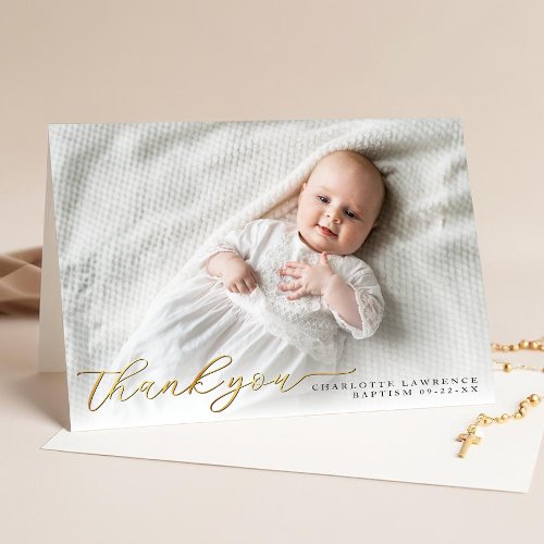 Gold Modern Script Baptism Thank You Card 