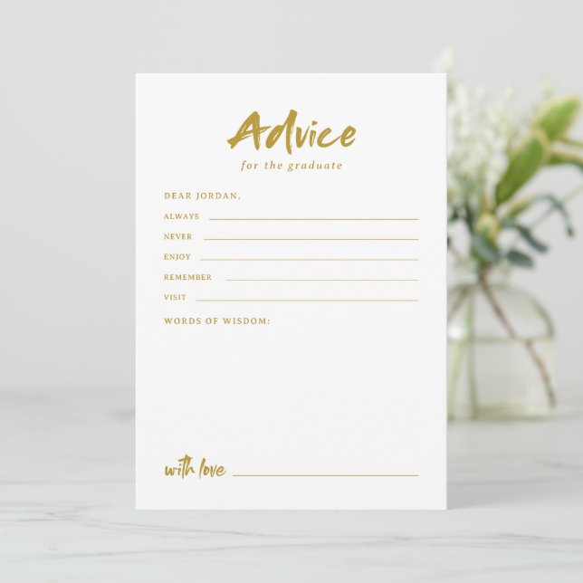 Gold Modern Script Graduation Advice Card (Standing Front)