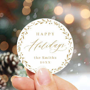 Gold Modern script Happy Holidays Gift Classic Round Sticker