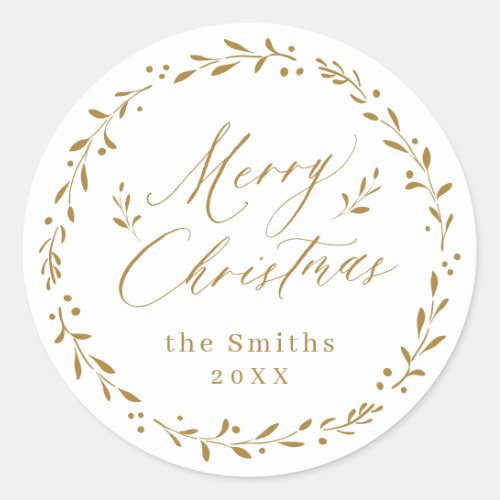 Gold Modern script Merry Christmas Holiday Gift Classic Round Sticker