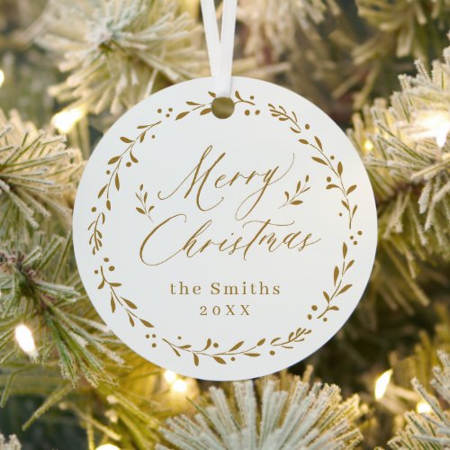 Gold Modern script Merry Christmas Holiday Metal Ornament