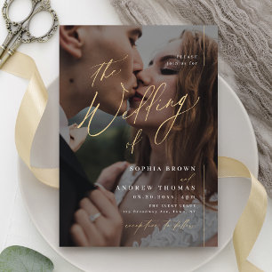Gold modern script minimalist photo wedding invitation