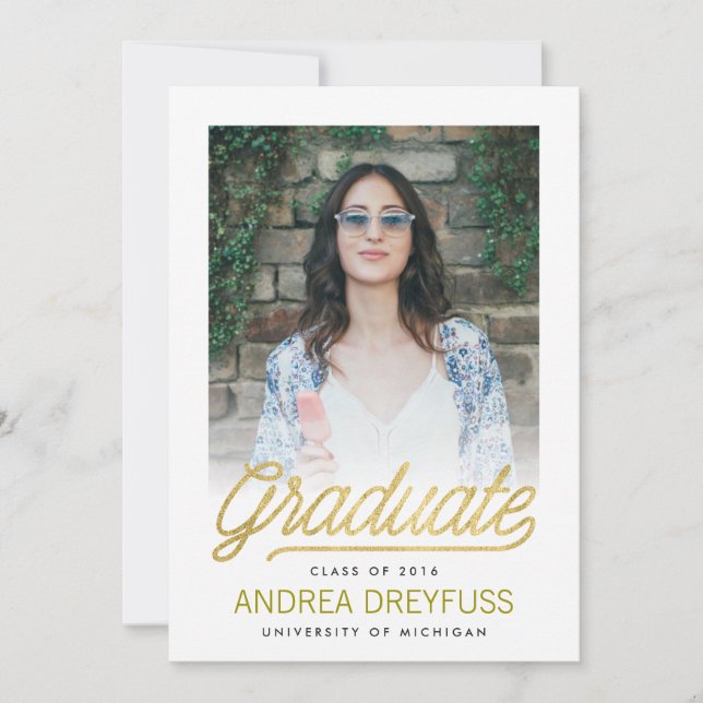 Gold Modern Script Photo Graduation Announcement (Front)