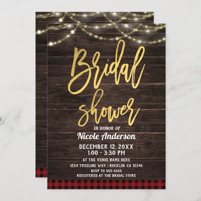 Gold Modern Script Rustic Wood Plaid Bridal Shower Invitation (Front/Back)