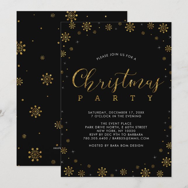 Gold | Modern Snowflakes Christmas Dinner Party Invitation (Front/Back)